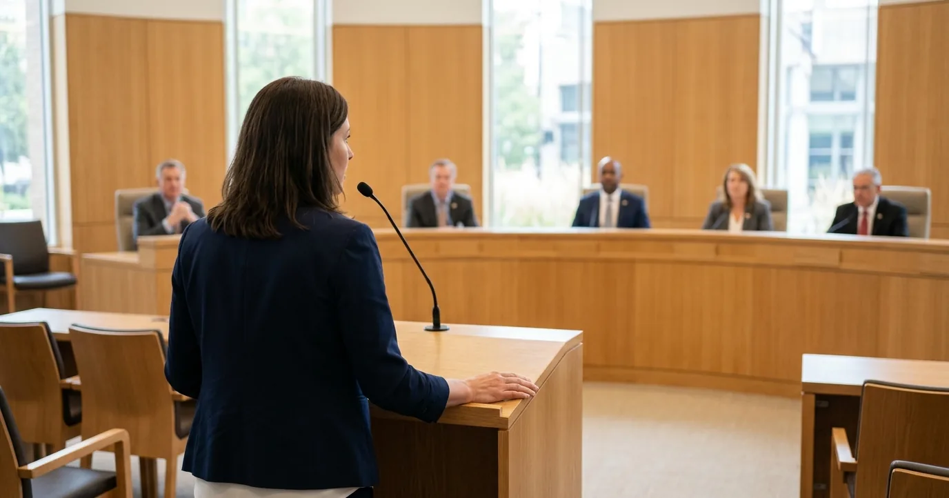 Woman addressing a city council from a lectern