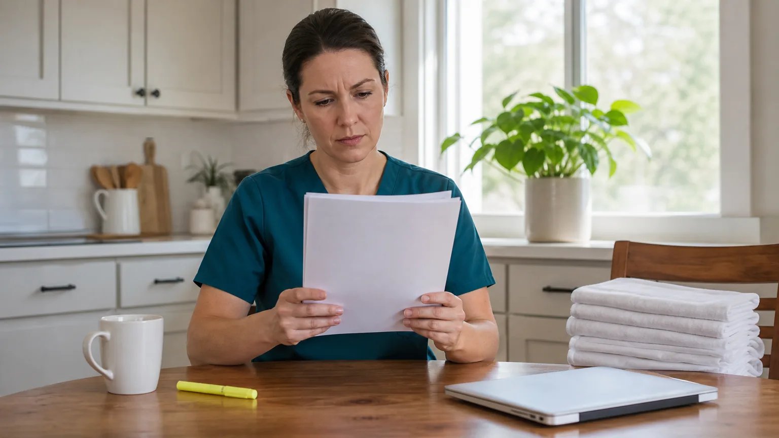 Woman in scrubs reading papers at a kitchen table