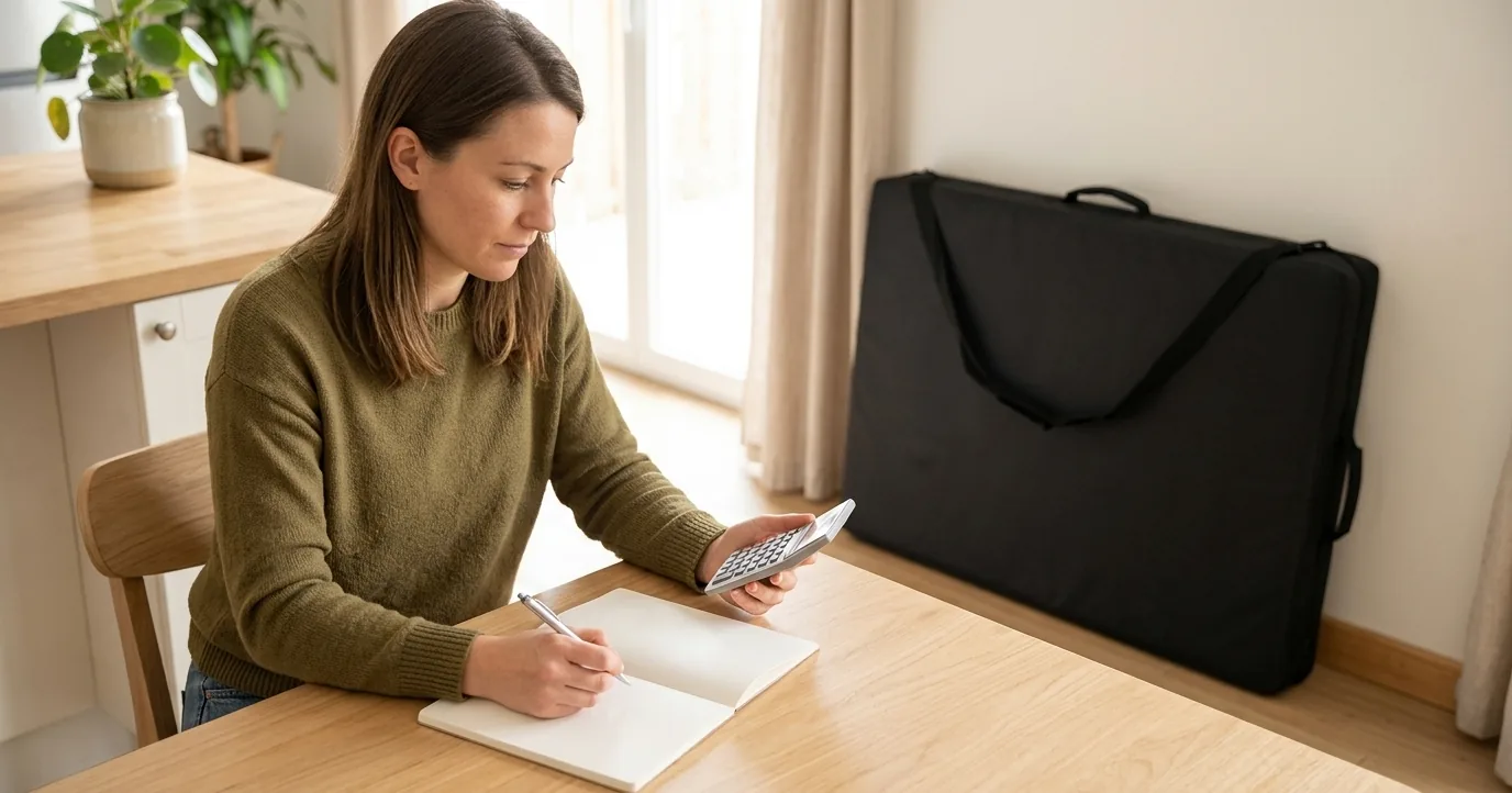 Woman with a calculator and a folded table bag