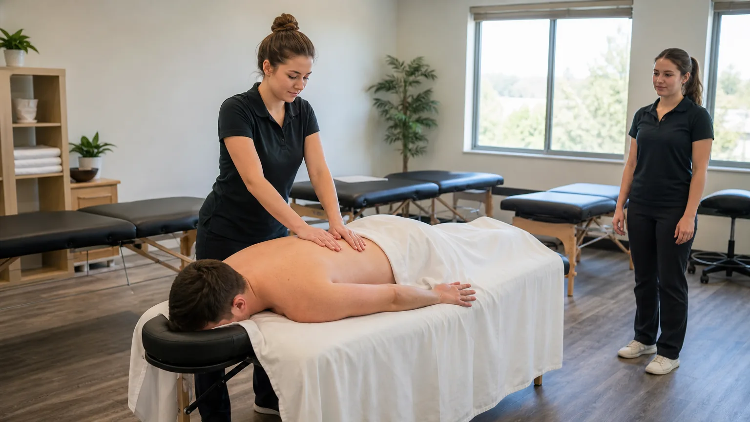 Massage student working on a client in a classroom