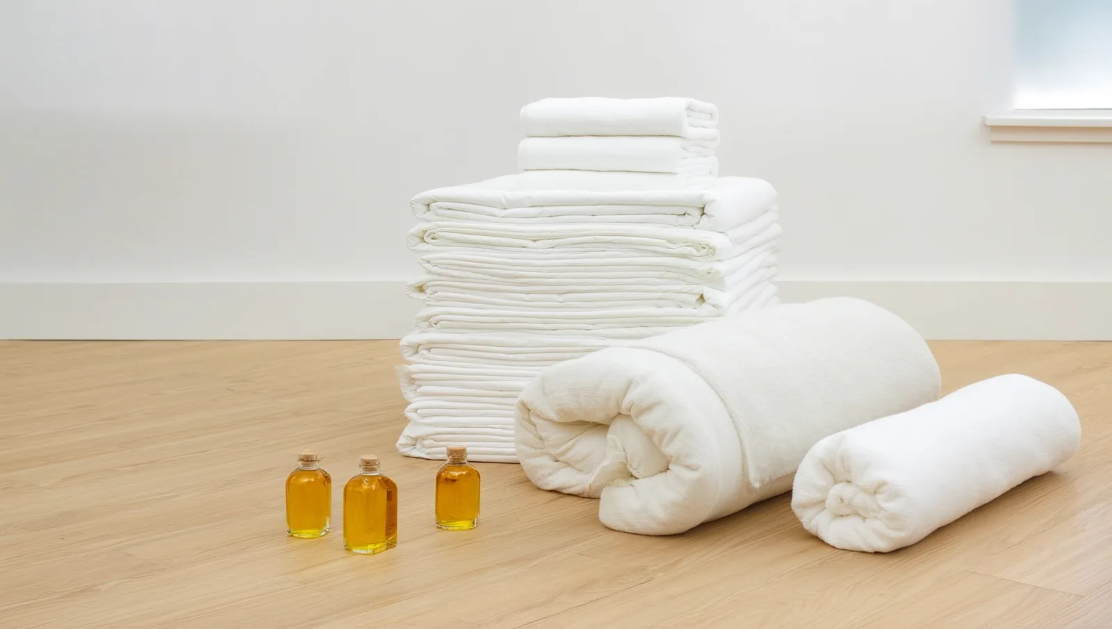 Folded white linens, towels and three oil bottles