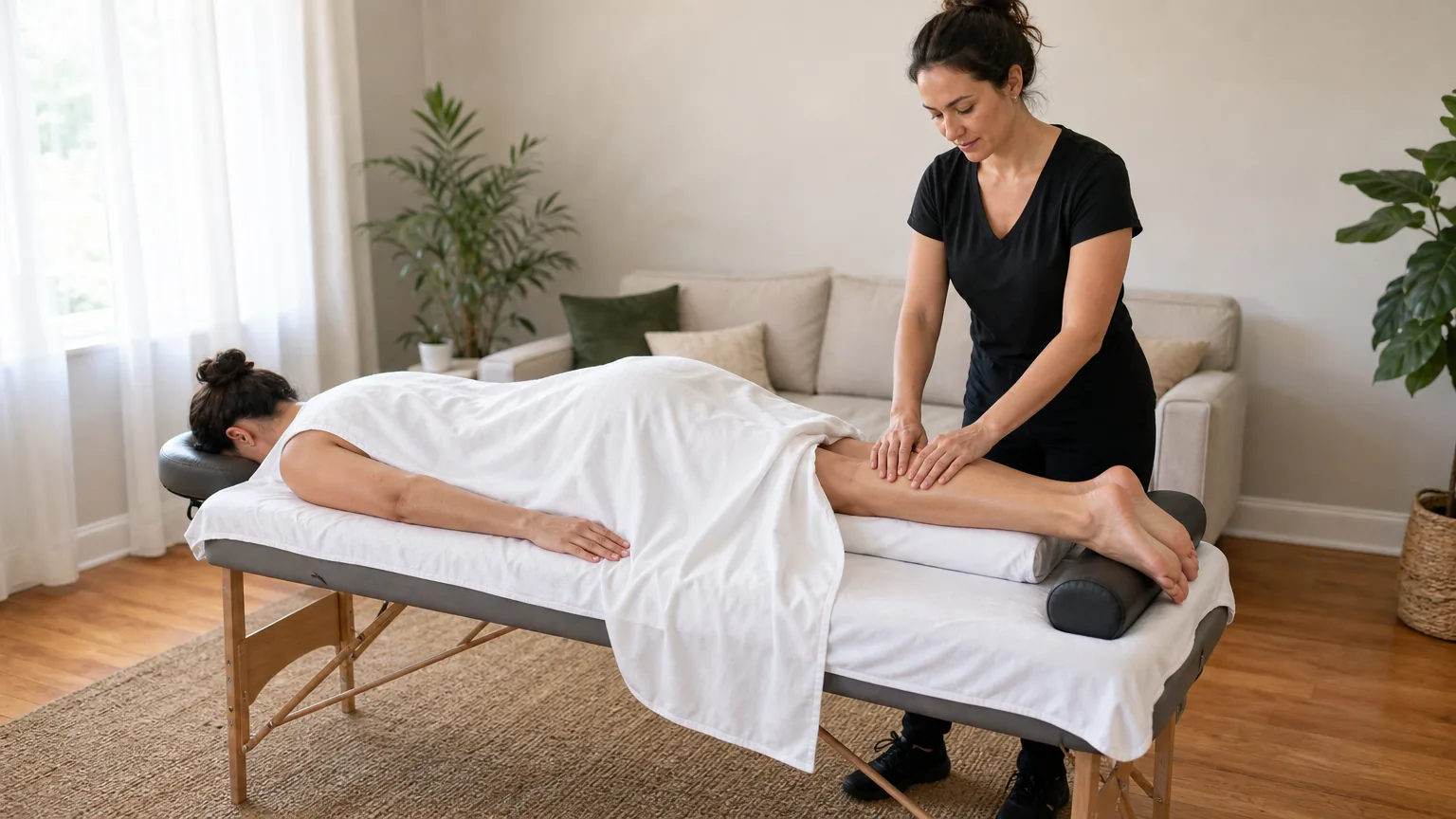 Therapist working a client's calf on a massage table
