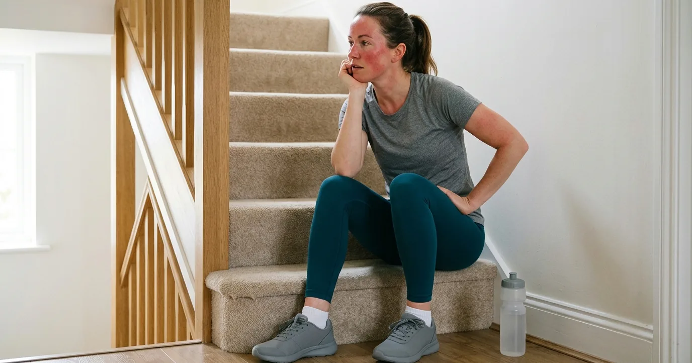 Woman in running clothes resting on a staircase step