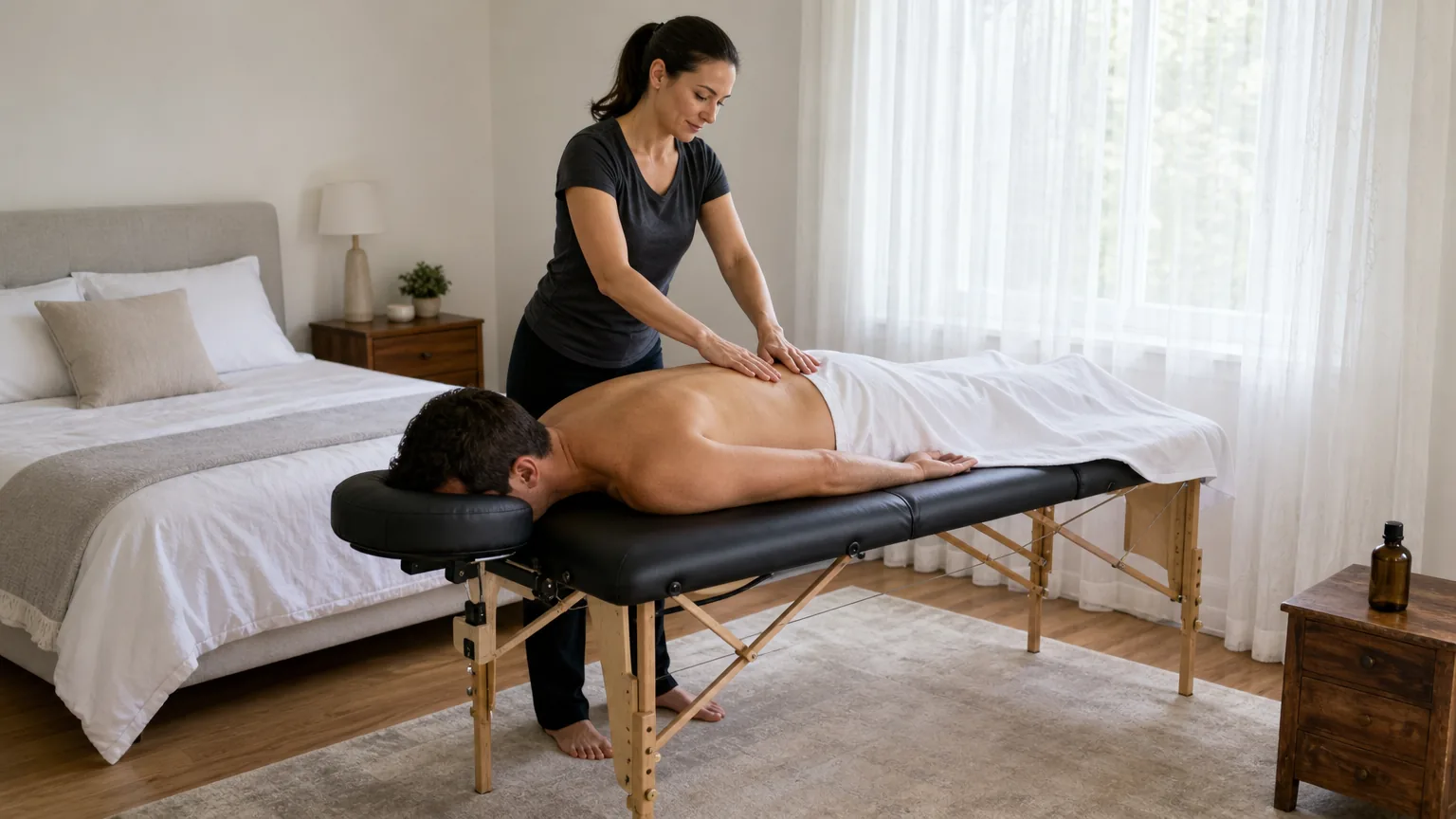 Therapist massaging a man's back in a bedroom
