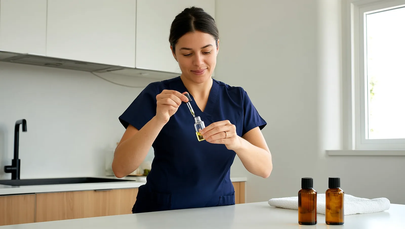 Therapist adding drops of oil to a small bottle