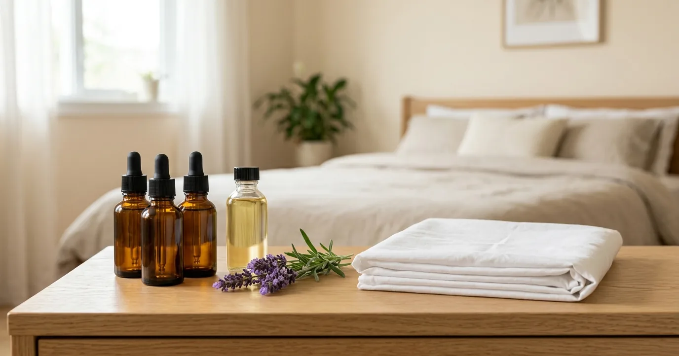 Amber oil bottles and a folded sheet on a dresser