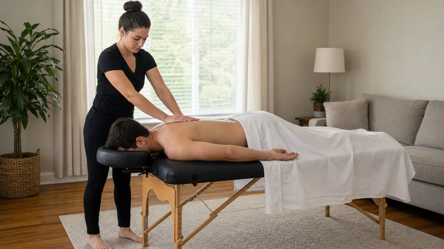 Massage therapist working a man's upper back