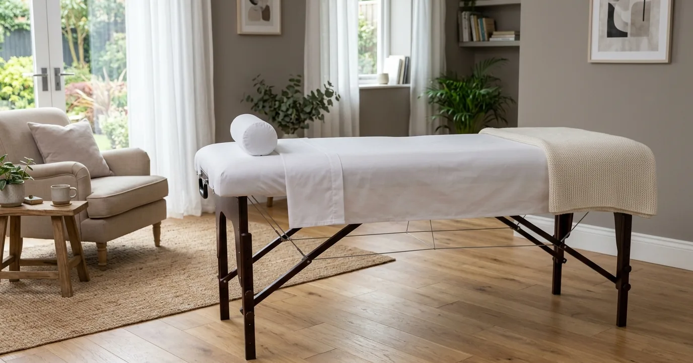 Portable massage table made up in a living room