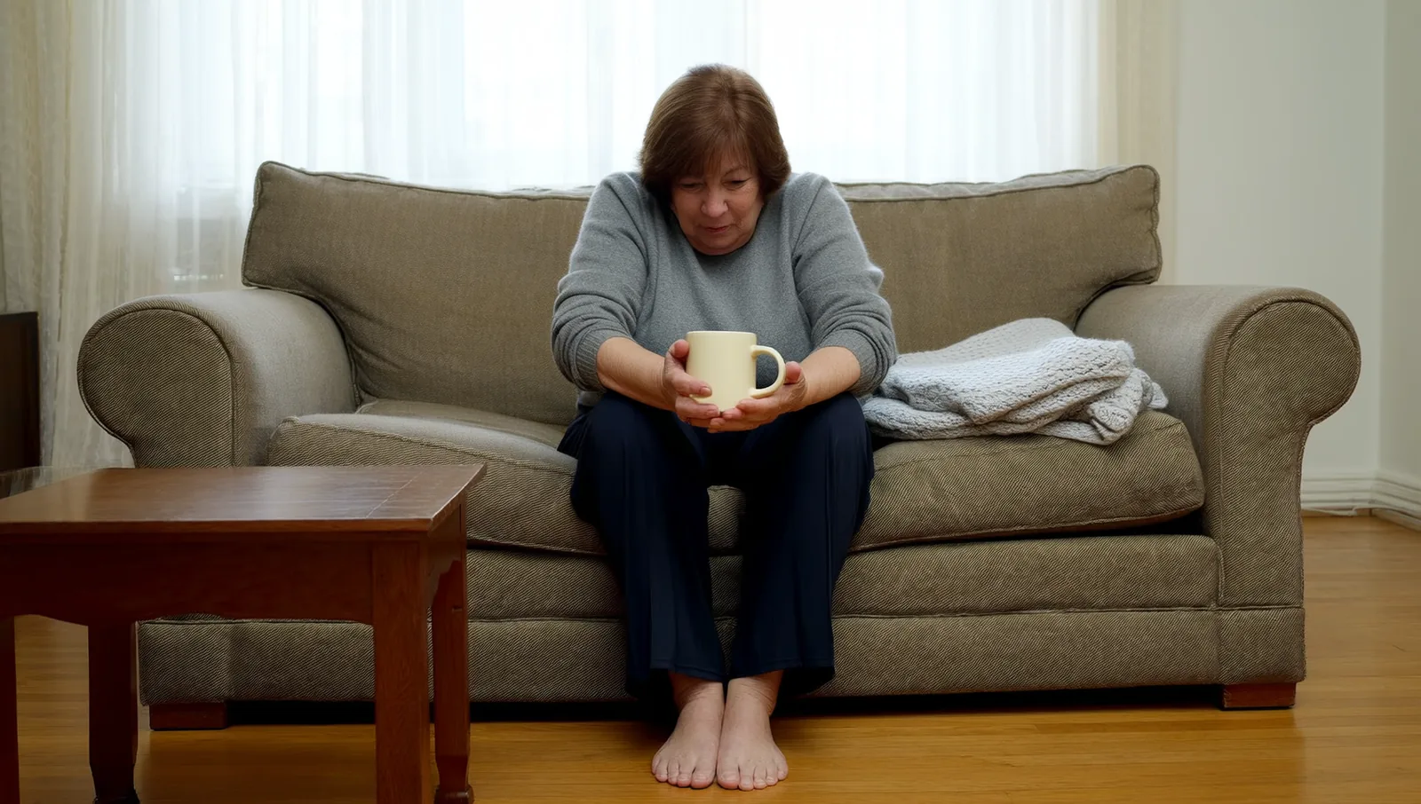 Woman sitting on a living room sofa holding a mug