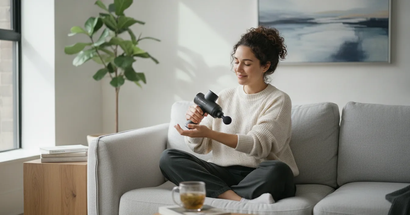 A person sitting on a sofa in a bright living room using a handheld percussion massage gun on their own forearm.