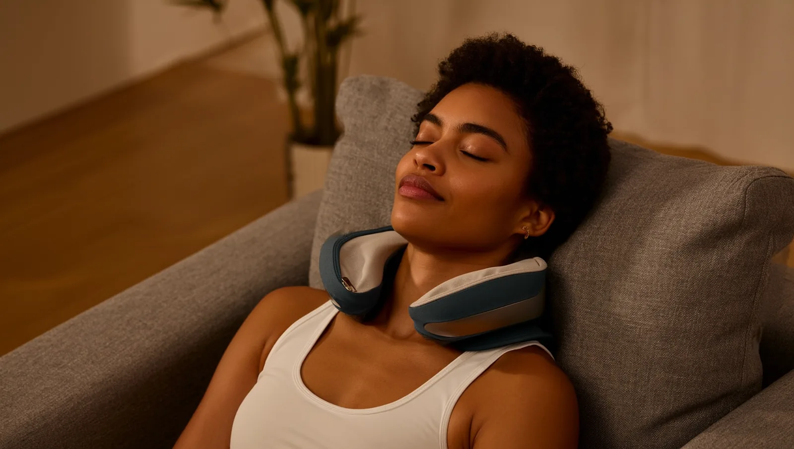 A person relaxing in an armchair wearing a heated neck and shoulder massager with their eyes closed.