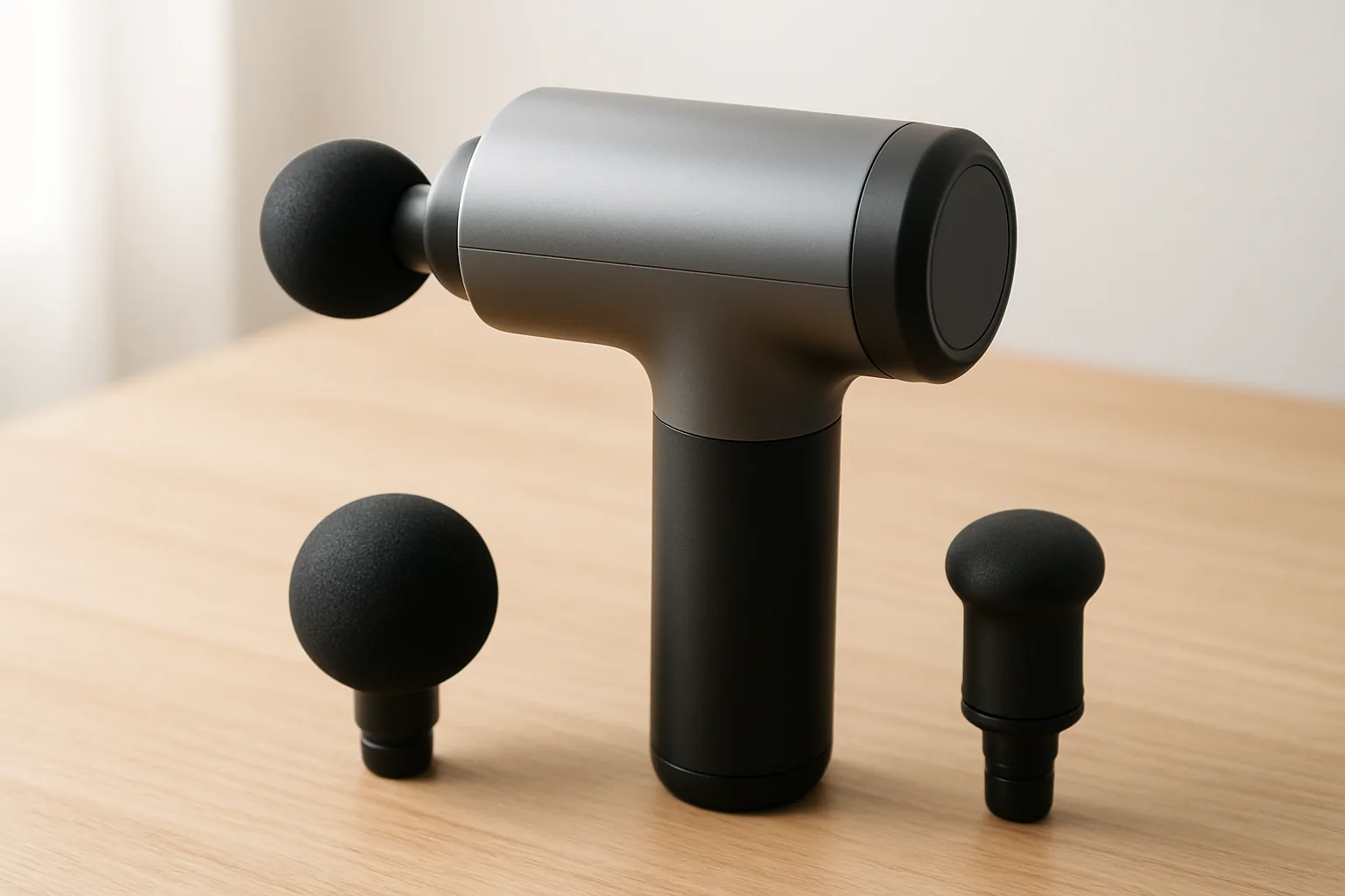 A handheld percussion massage gun resting on a wooden table beside its interchangeable foam and bullet attachment heads.