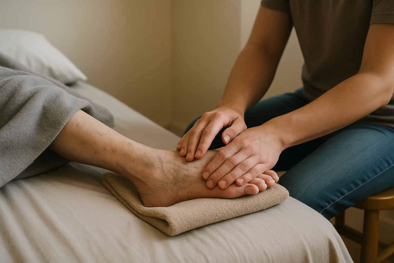 A therapist seated beside a bed rests both hands gently on the bare foot of a frail older person, the foot supported on a folded towel.