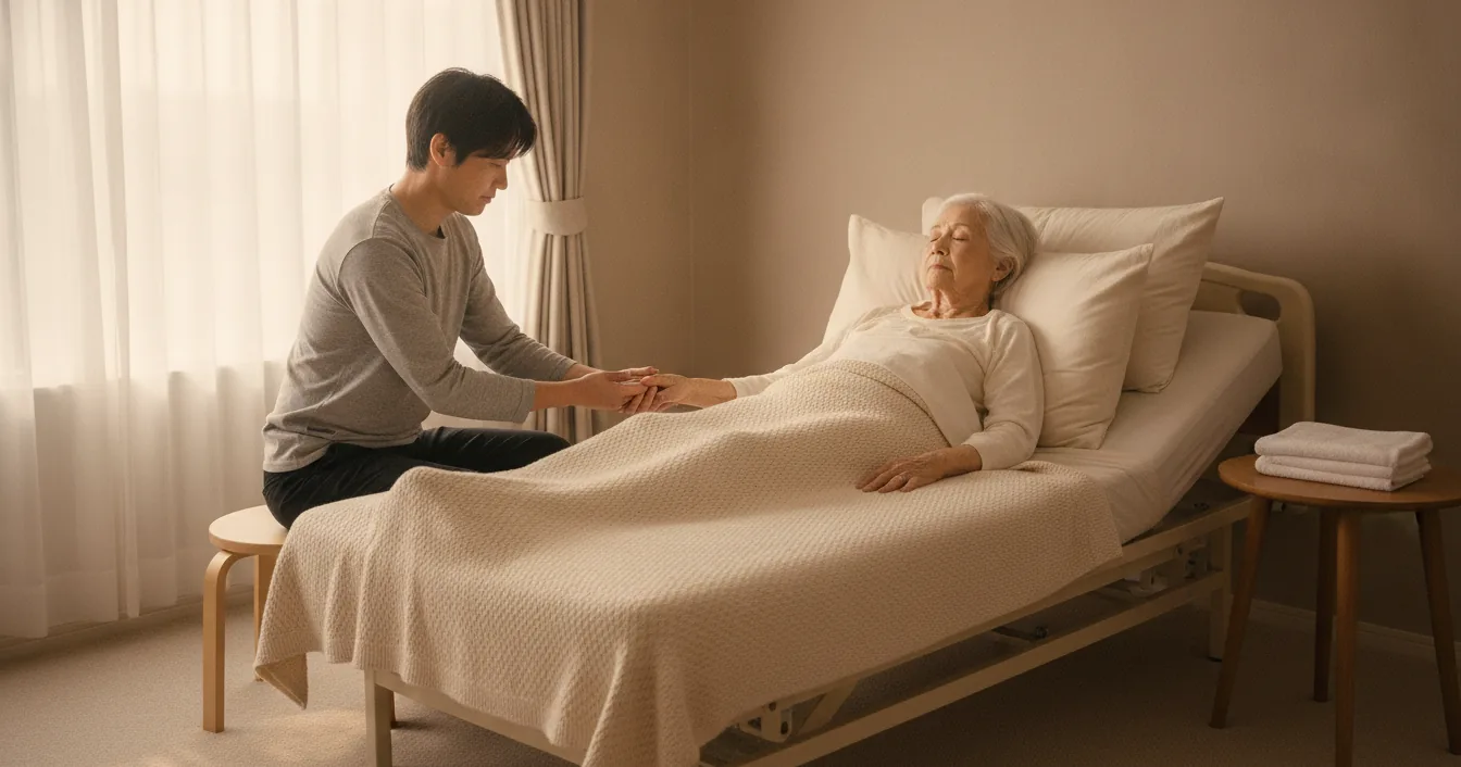 A massage therapist sits on a low stool beside a home care bed, gently holding the hand of an elderly woman resting under a soft blanket in a quiet, sunlit bedroom.