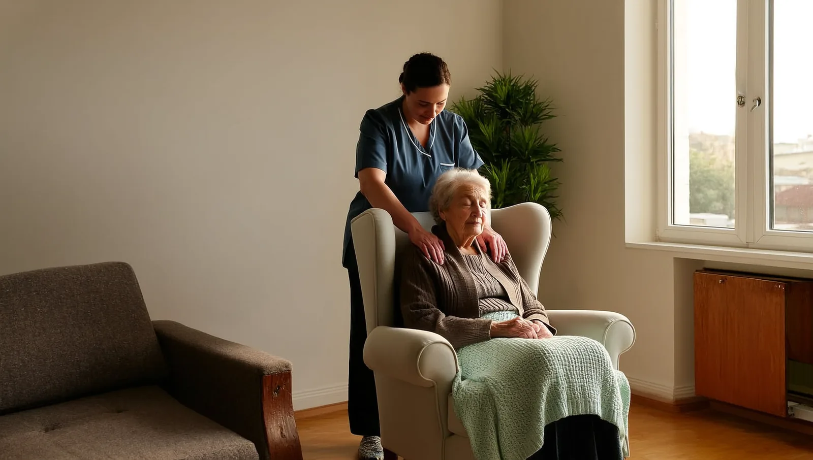 A carer in scrubs rests both hands on the shoulders of an elderly woman dozing in an armchair with a blanket across her lap.