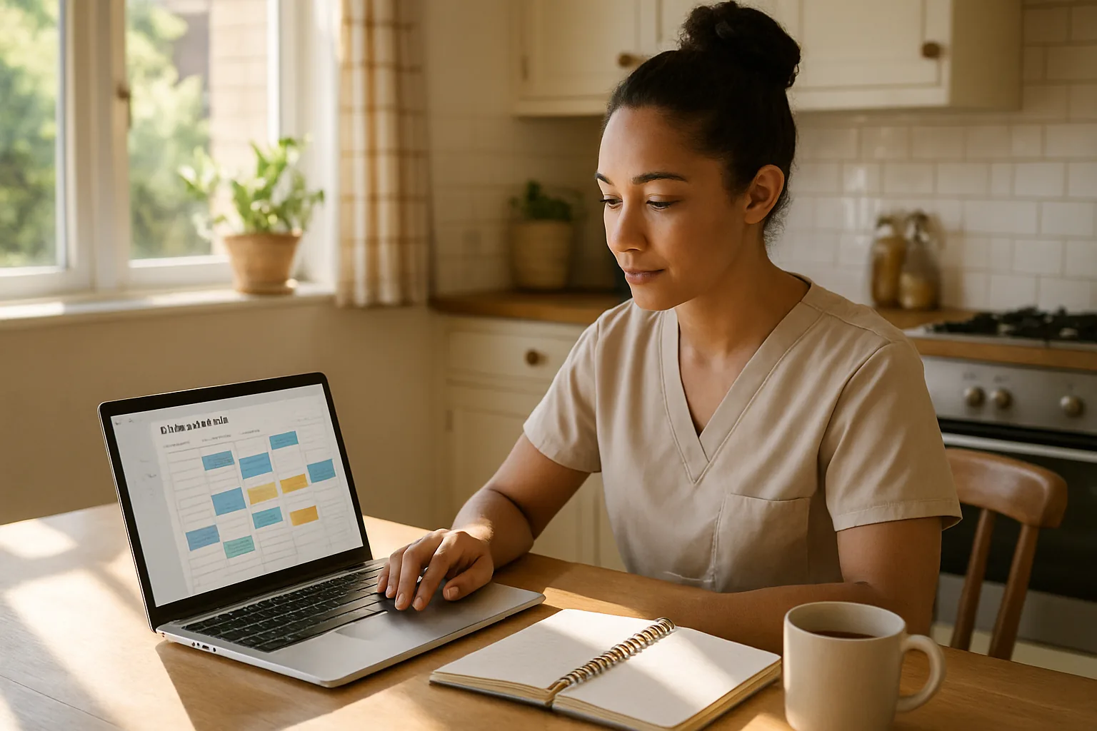 A massage therapist reviewing client bookings on a laptop at a kitchen table while organizing a new mobile practice.