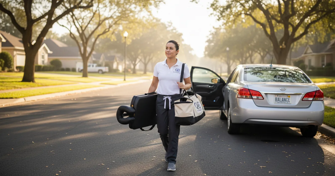 A mobile massage therapist carrying a folded portable table to a car outside a home, representing the launch of an independent practice.