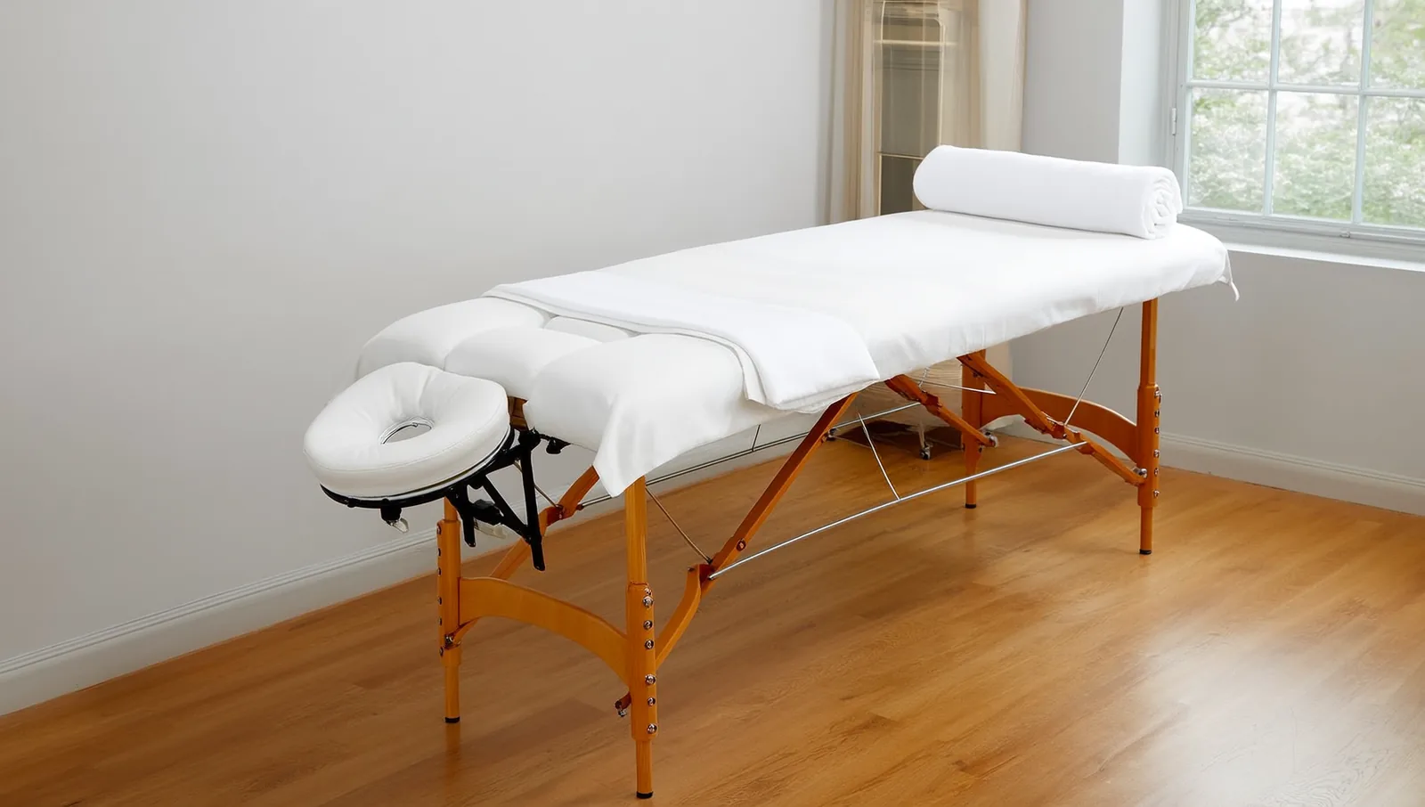 A portable massage table dressed in fresh white linens, set up and ready in a bright living room for an in-home appointment.