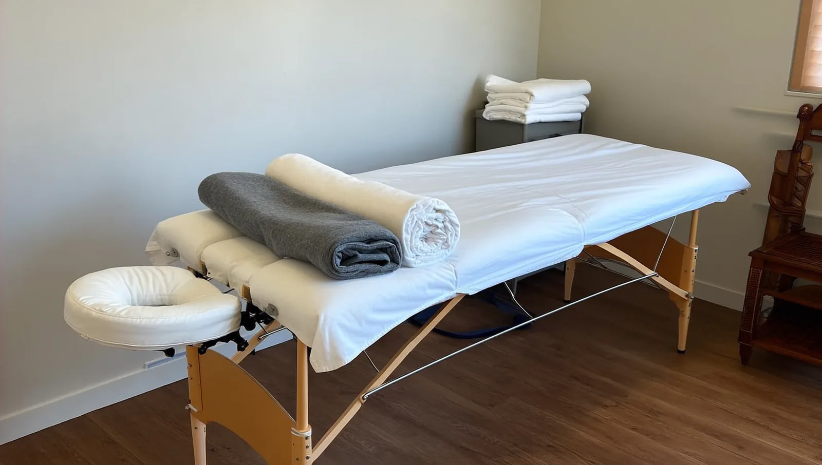 A portable massage table dressed in crisp white sheets in a quiet home room, with a rolled bolster and folded grey blanket at the head end and a stack of clean folded linens nearby.