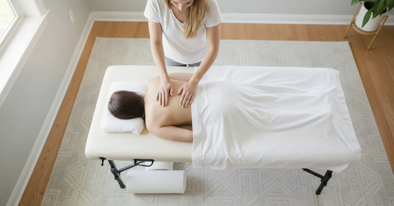 A draped client lying face down on a portable massage table in a home living room while a therapist works on the upper back.