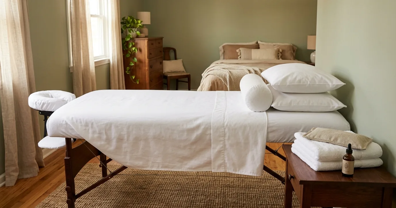 Portable massage table made up beside a bed with towels