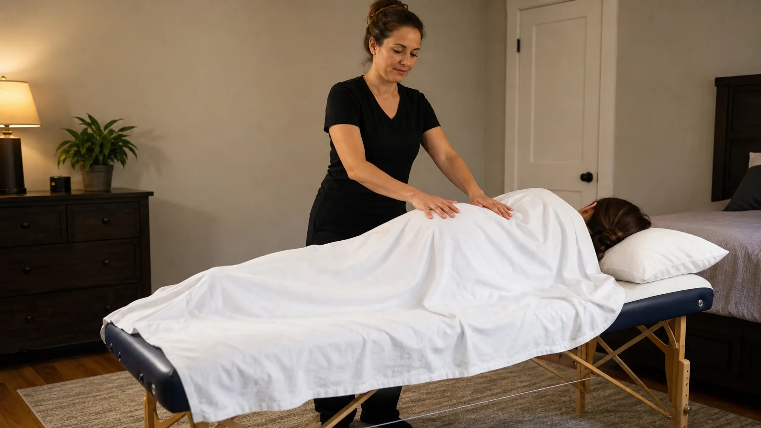 Therapist working a draped client lying on her side