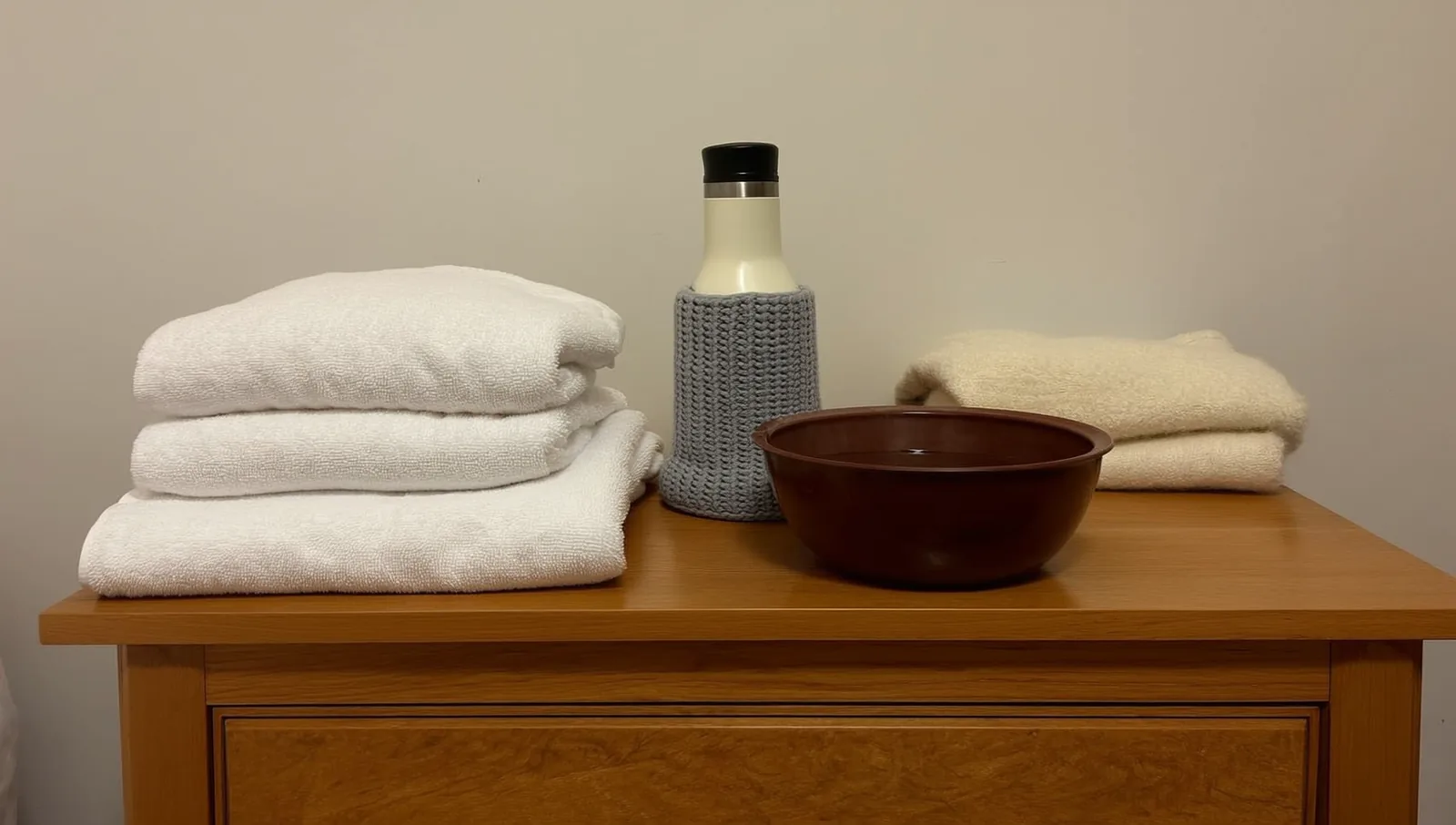 Folded white towels, a covered flask and a bowl of water