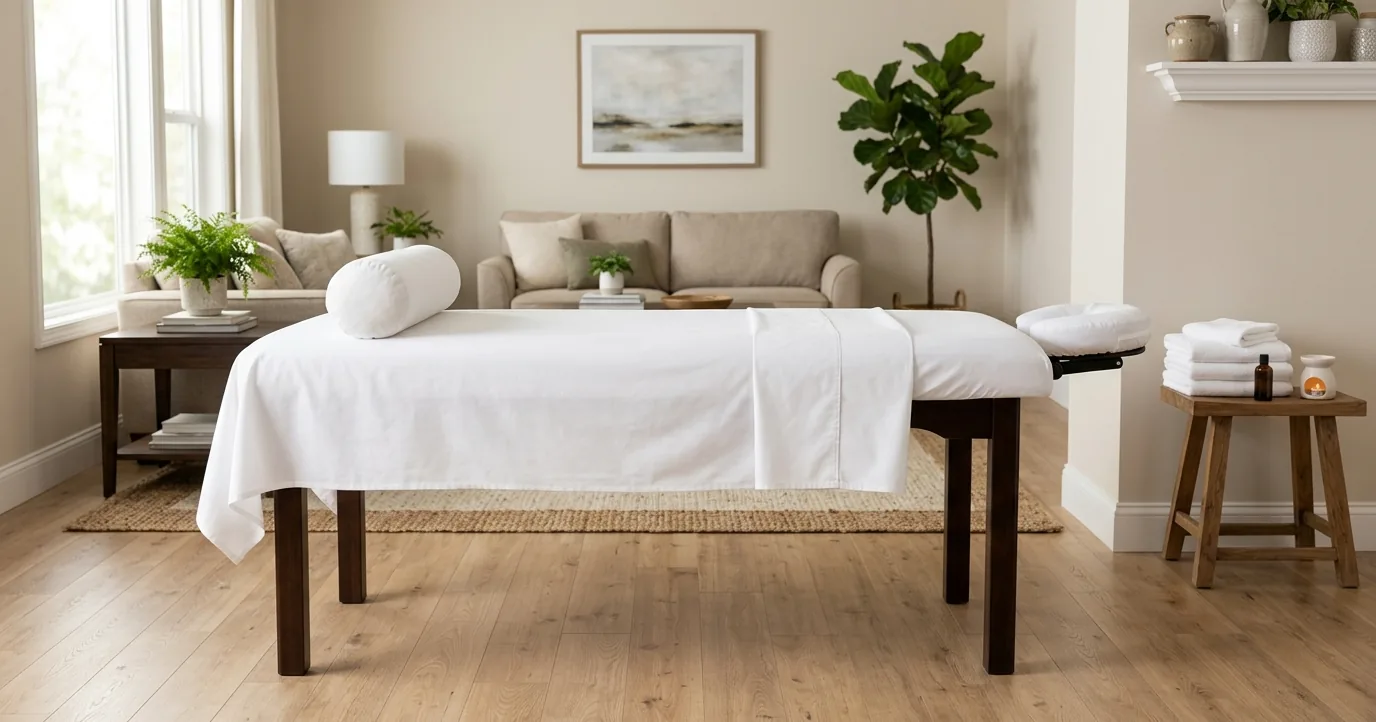 Portable massage table made up with white linens
