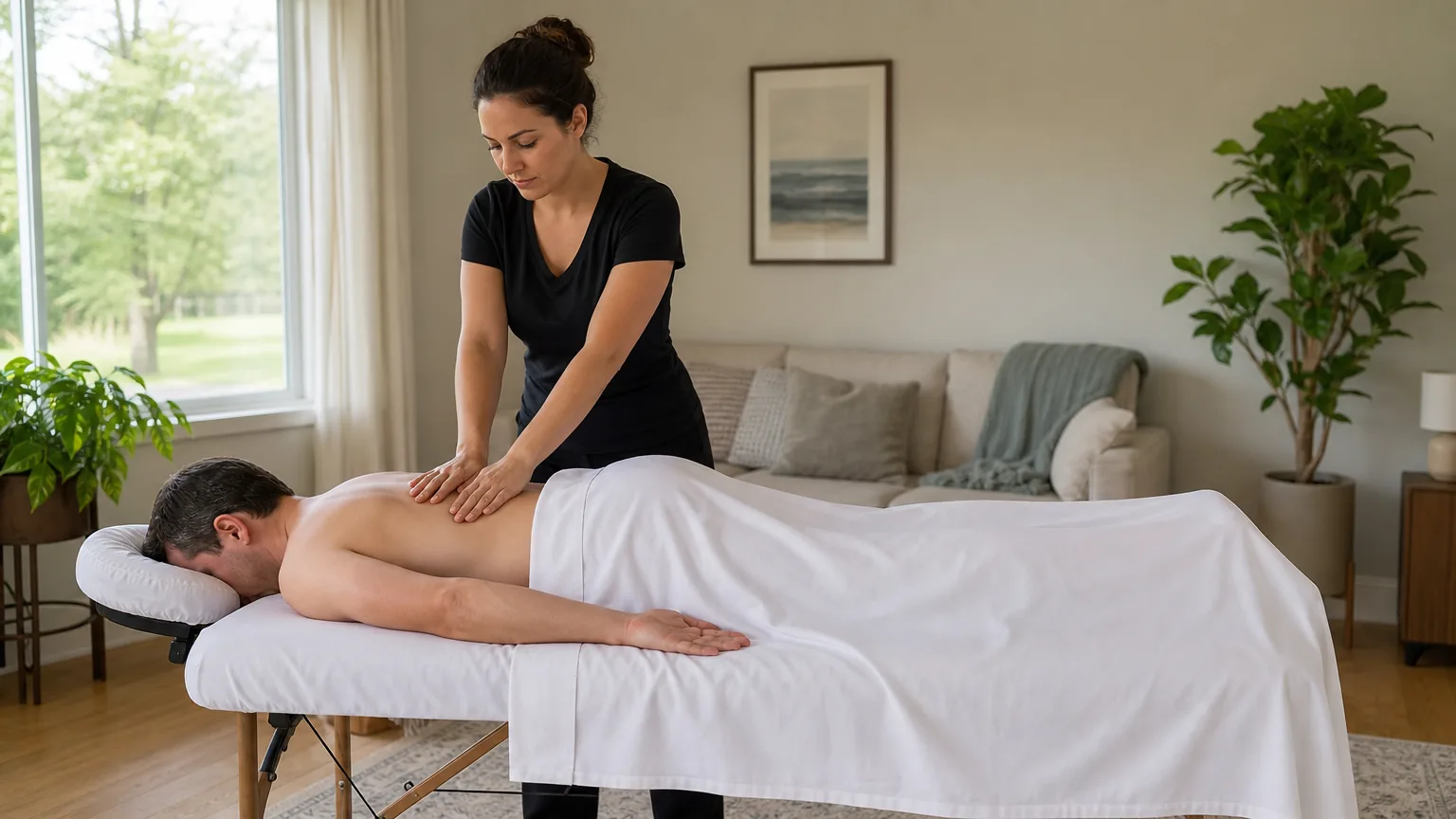 Therapist's hands on the back of a draped client