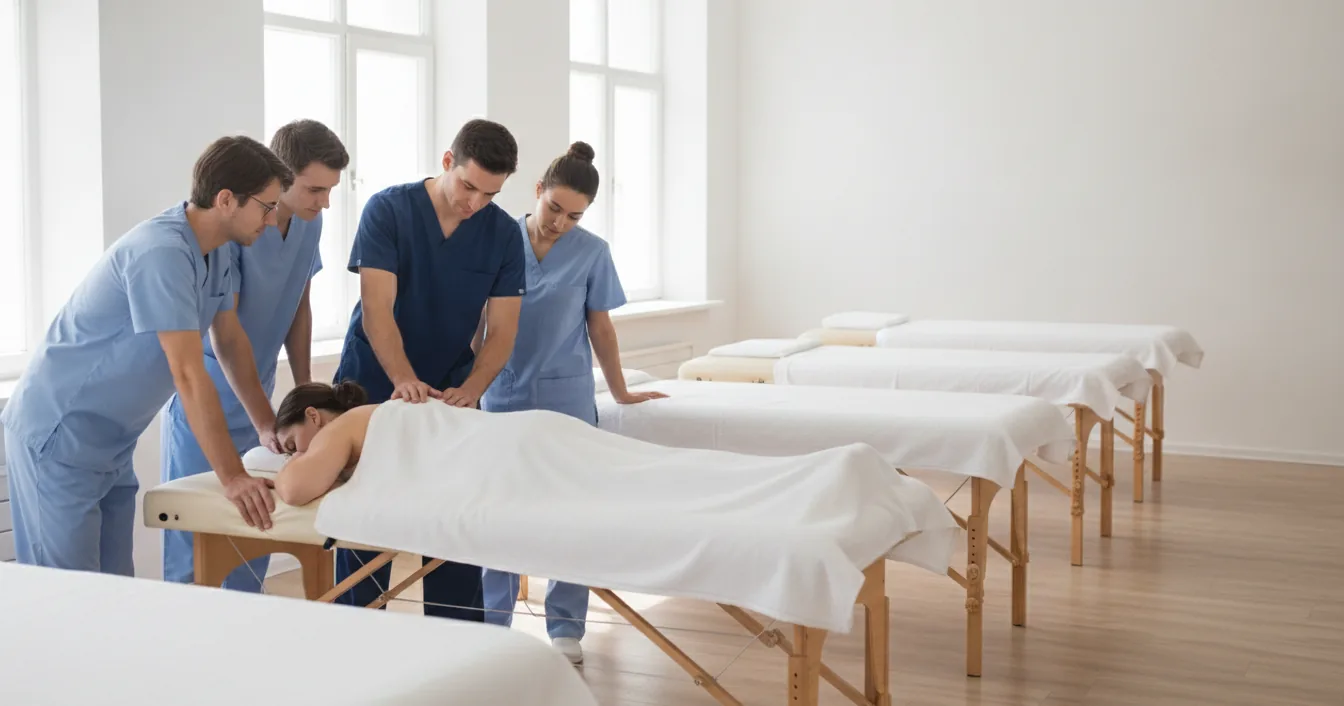 Massage students gathered around an instructor at a table