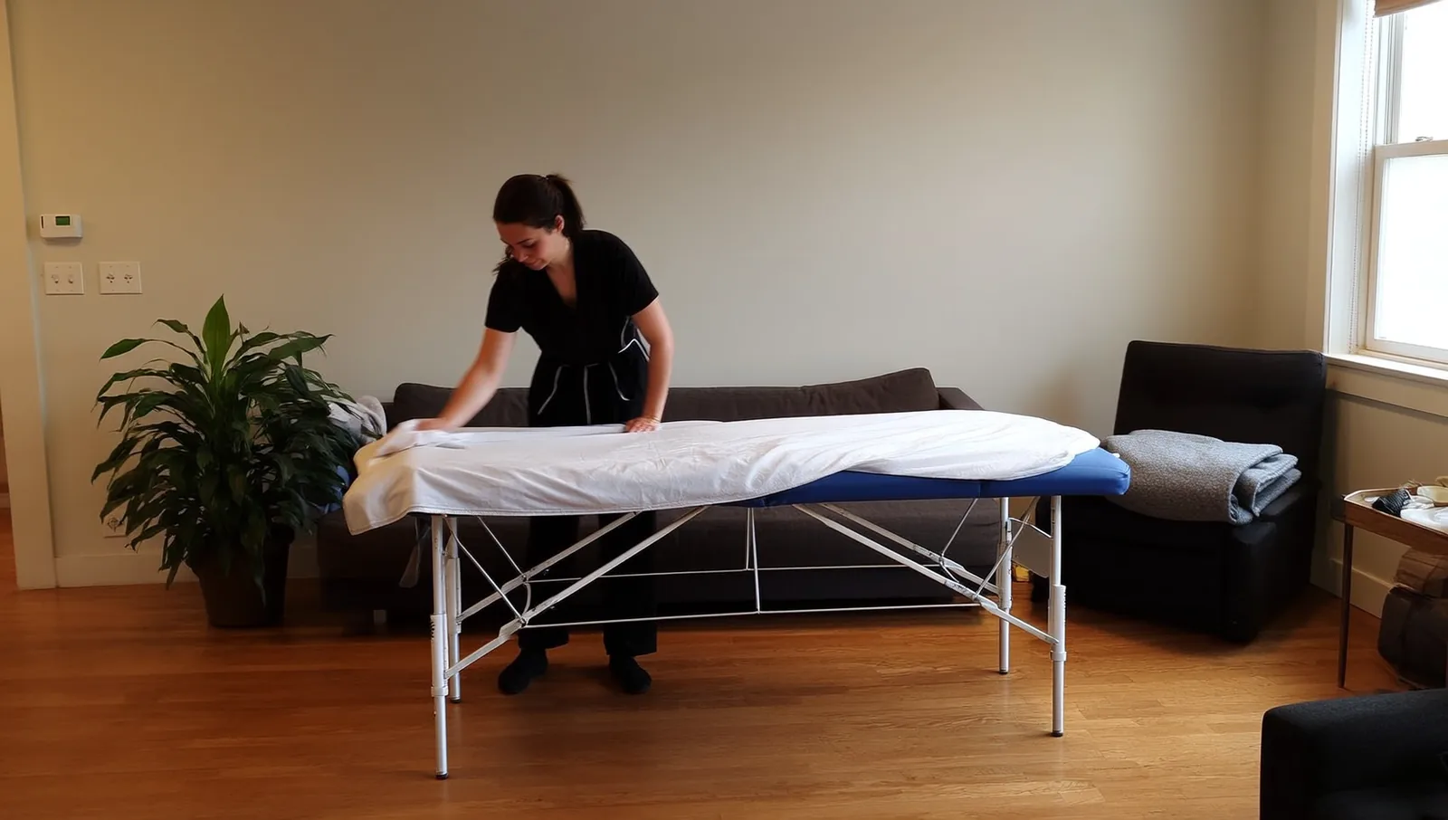 Therapist smoothing a sheet over a portable table in a living room