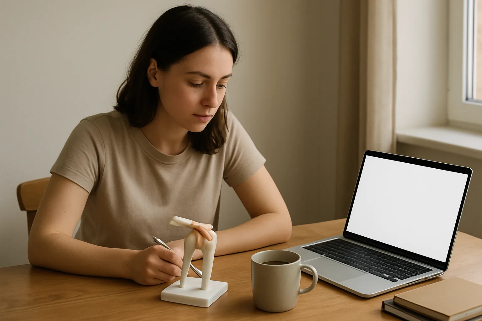 Woman studying at a table with a laptop and an anatomy model