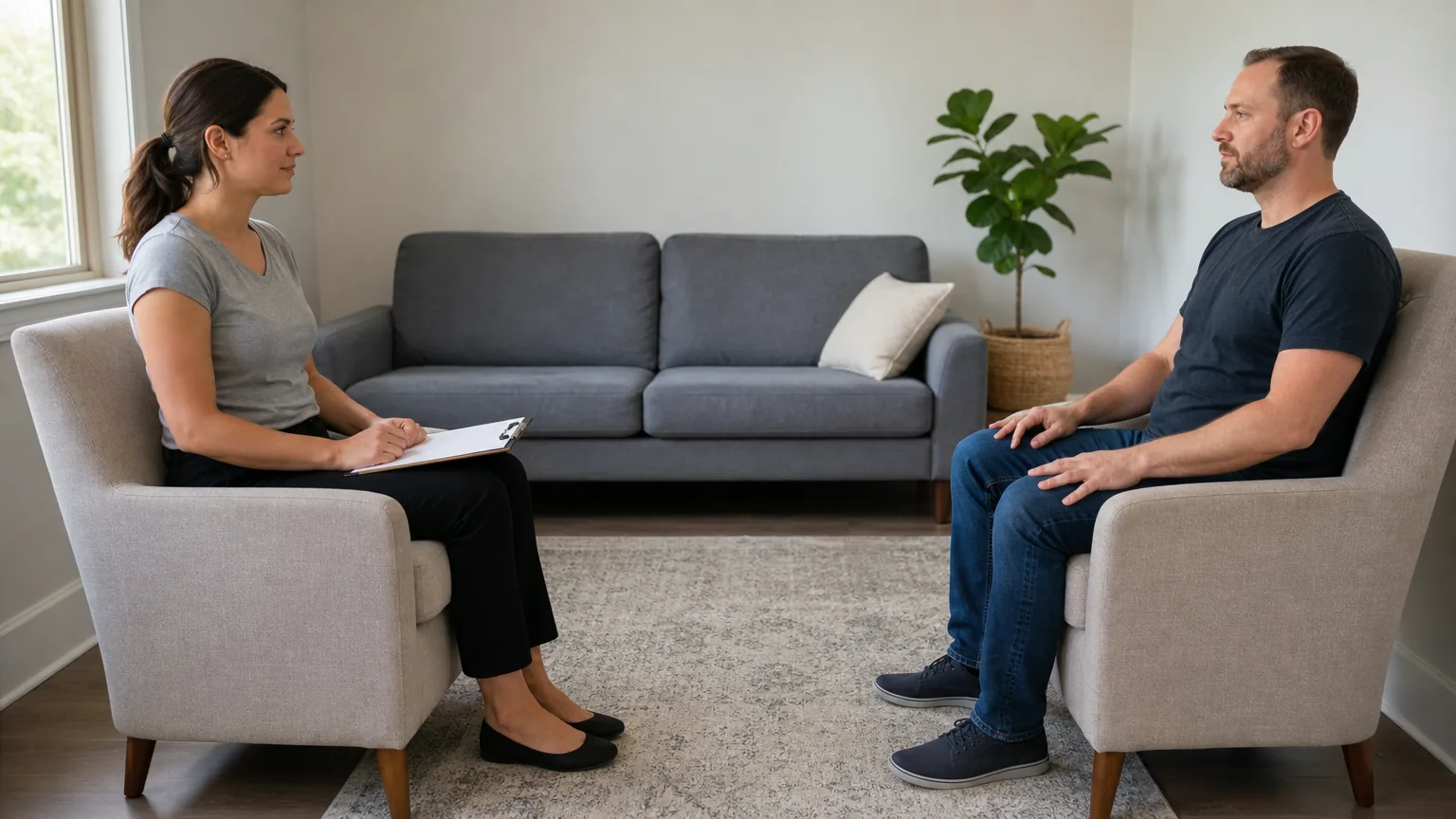 Therapist with clipboard talking to a seated client
