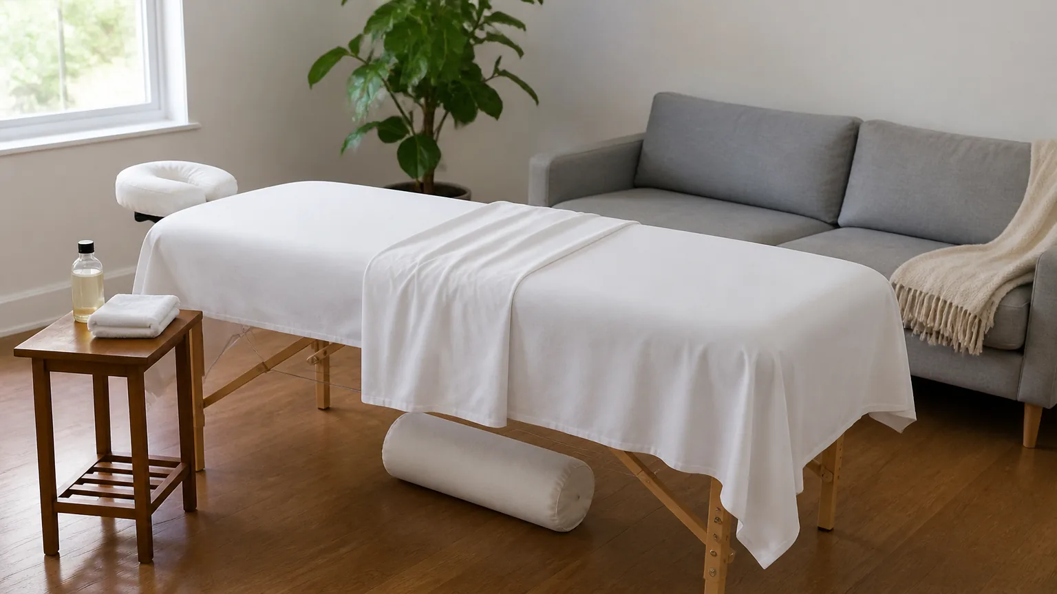 Portable massage table made up with white linens