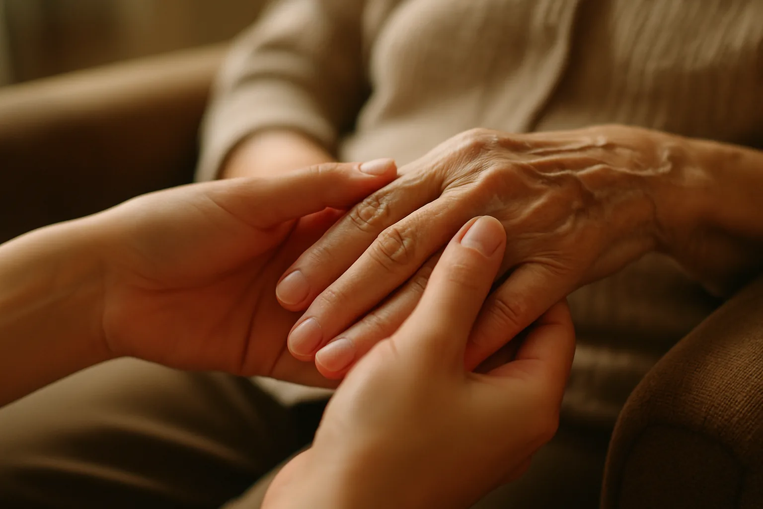 A caregiver's hands gently massaging the hand and fingers of an elderly person resting in a chair.