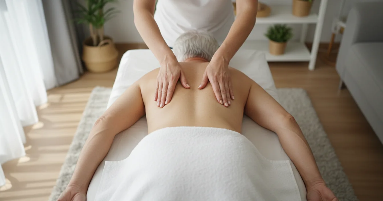 A mobile massage therapist gently working on the shoulders of a relaxed older adult resting on a portable table in a bright, comfortable home.