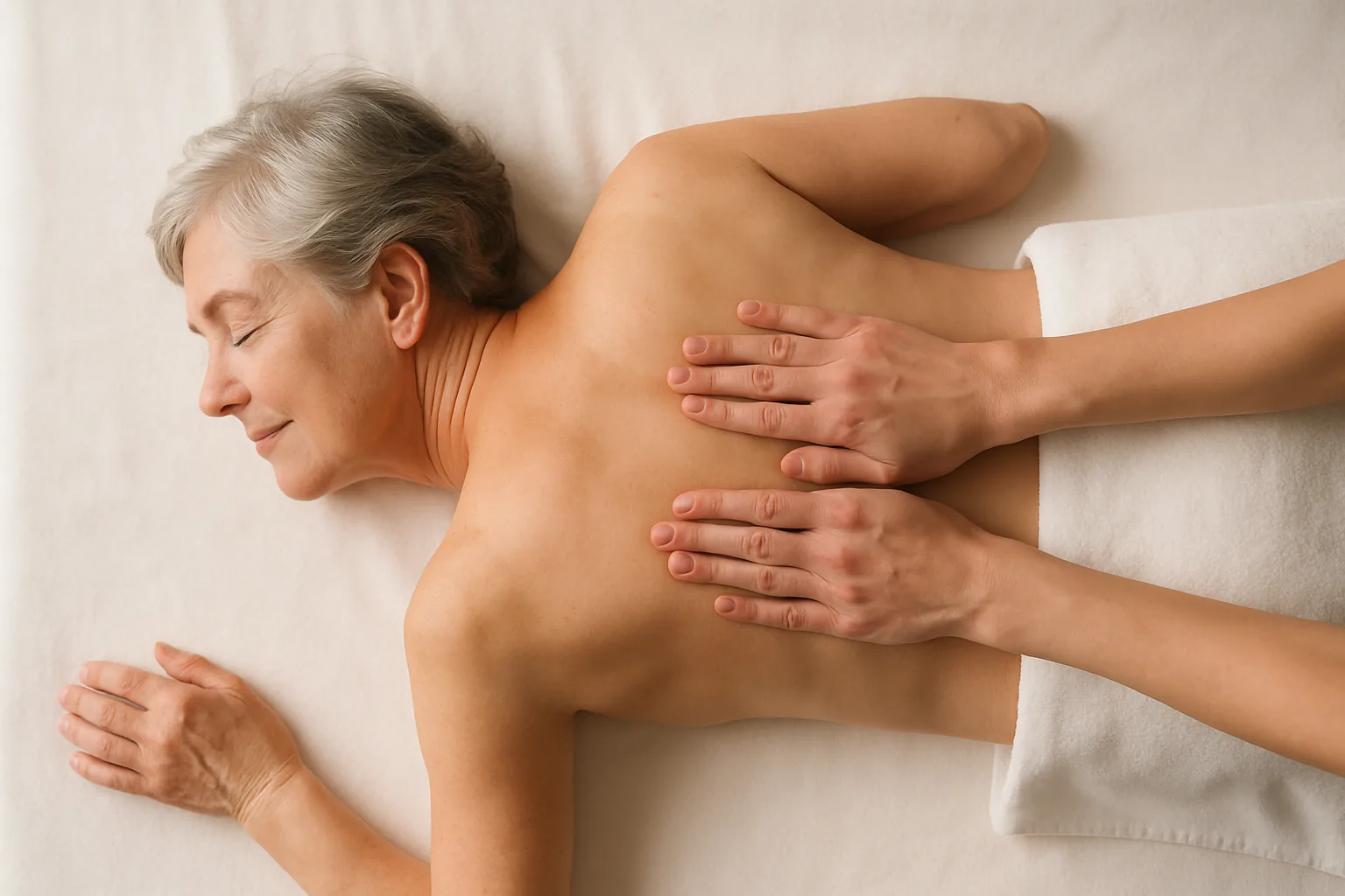 An older woman receiving a gentle back massage, viewed from directly above, in a calm, light-filled room.
