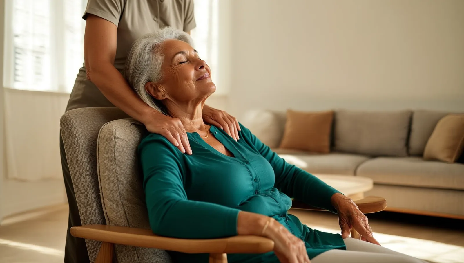A serene older woman receiving a gentle neck and shoulder massage while seated in a sunlit living room.