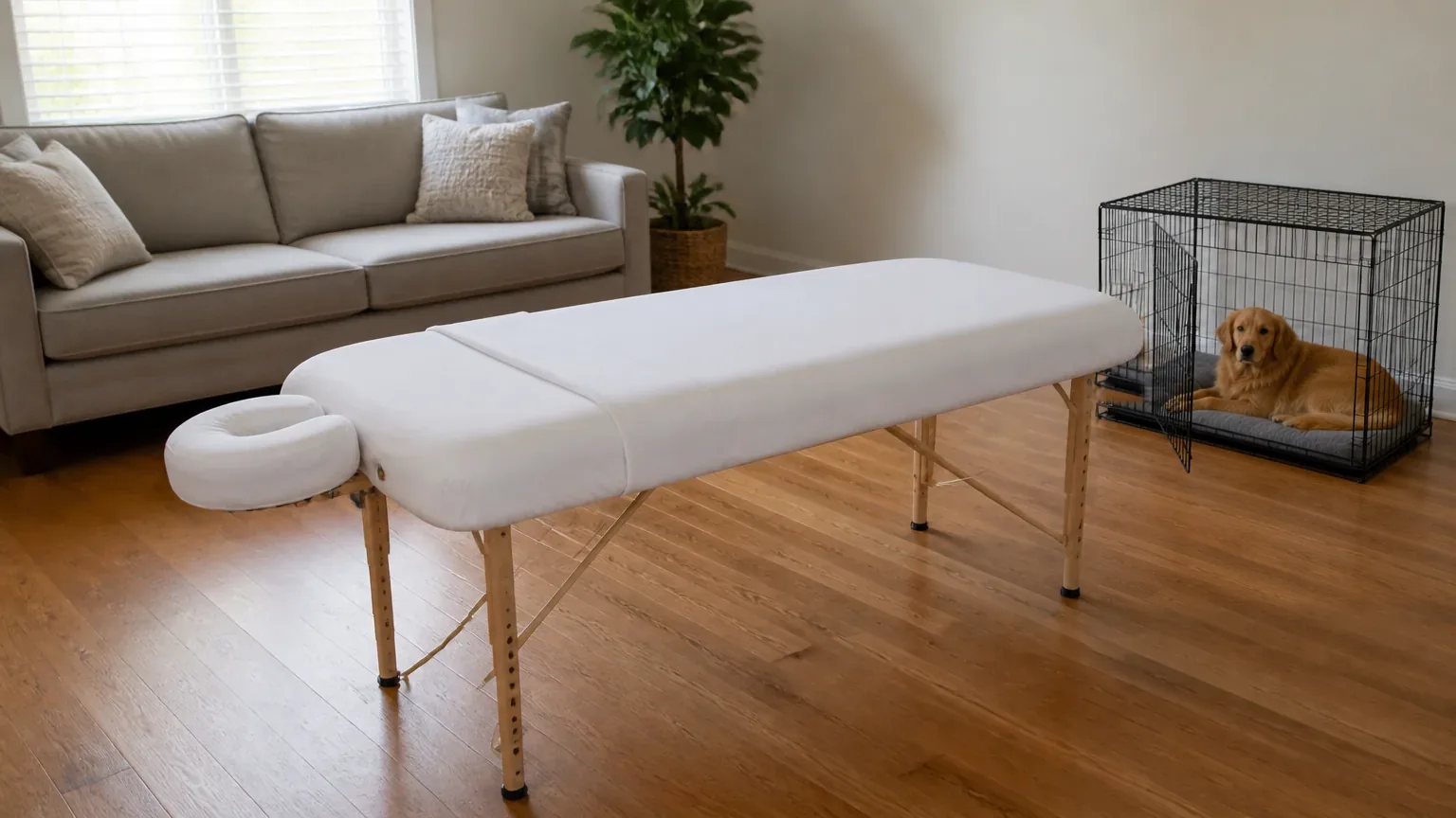 Massage table beside a dog in an open crate