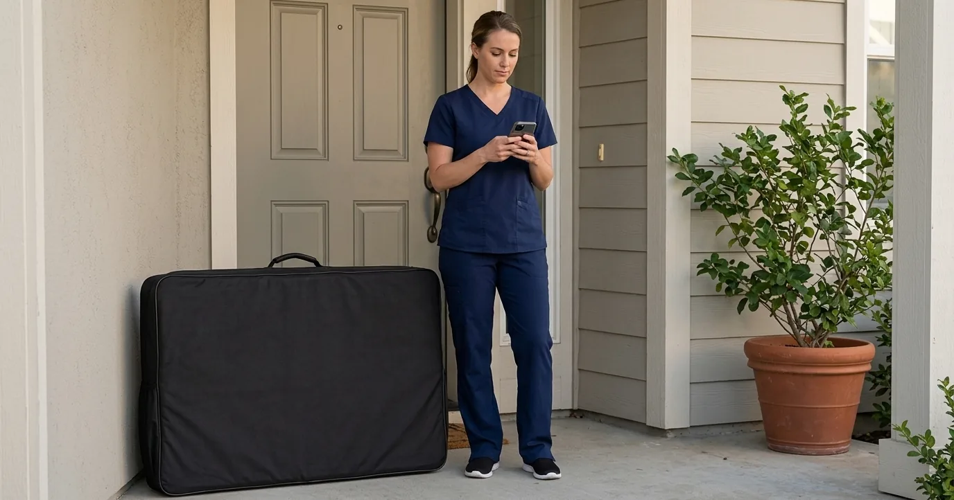 Massage therapist with a table bag waiting on a porch