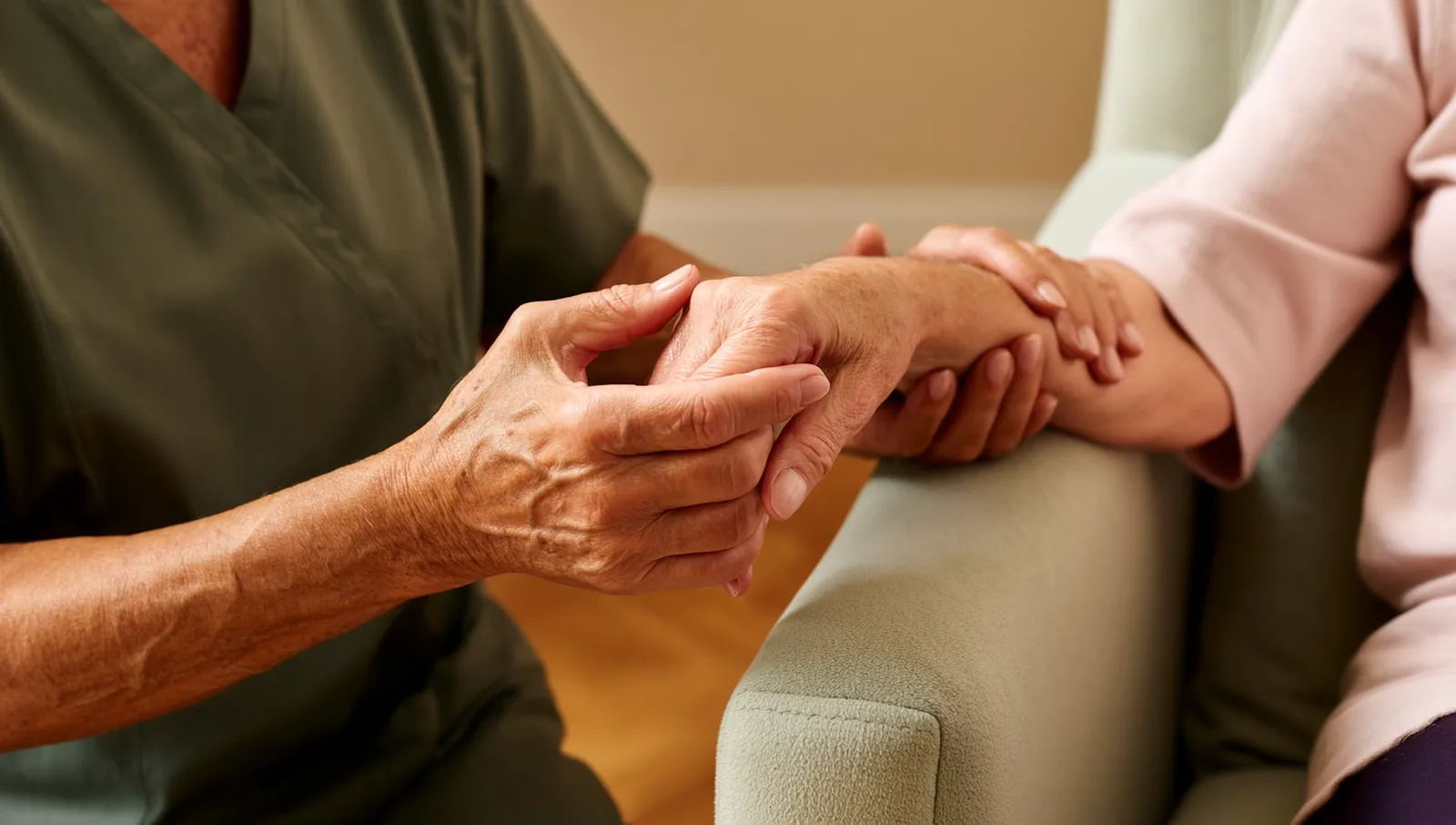 A therapist's hands gently massaging the hand and forearm of a calm older person resting in an armchair.