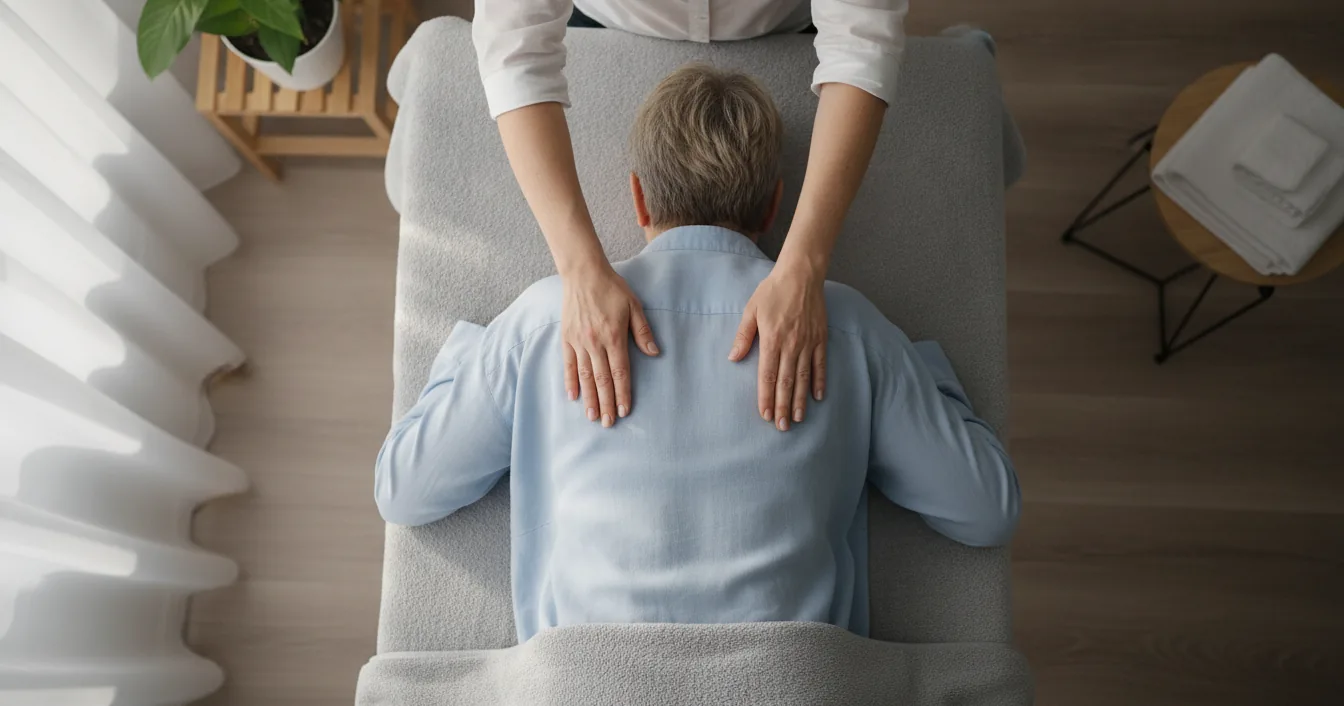 Seen from above, a massage therapist rests both hands gently on the clothed upper back of a calm client lying on a portable massage table in a softly lit home.