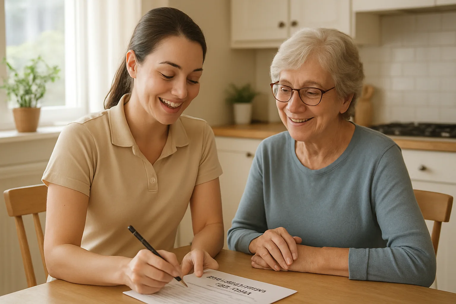 A massage therapist and an older client sit at a kitchen table reviewing a paper intake form before a session.