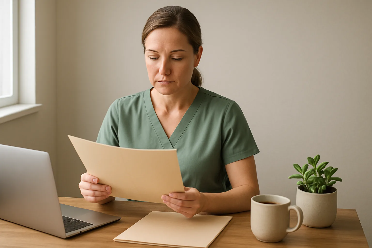 A massage therapist sitting at a home office desk in daylight, reviewing practice paperwork beside a laptop and a folder.