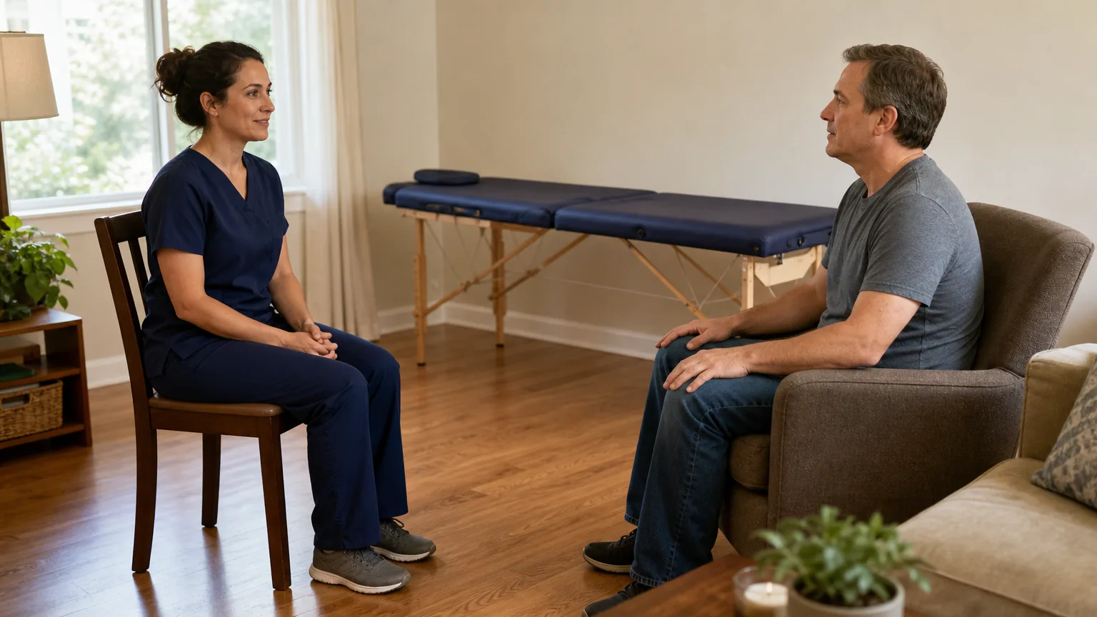 Massage therapist and client talking in a living room