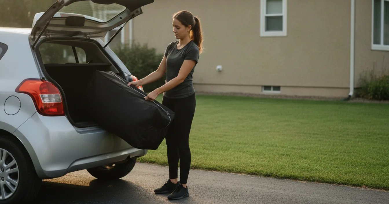 A mobile massage therapist loading her folded portable table in its black carry bag into the back of her car in a suburban driveway.