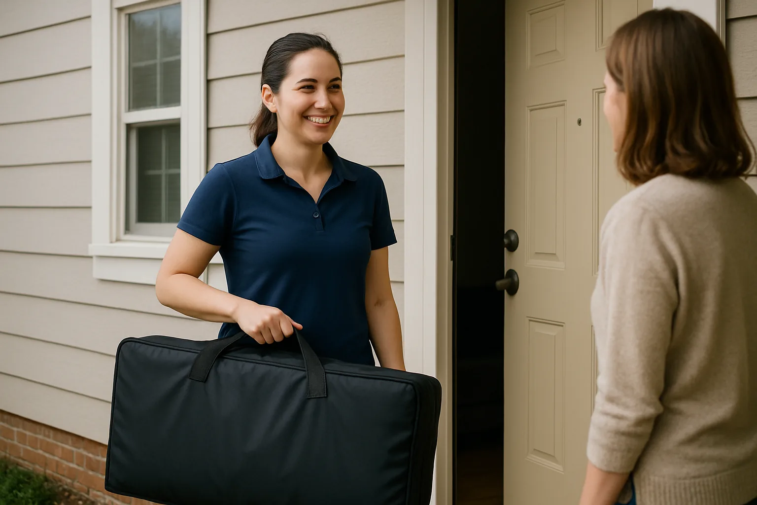 A mobile massage therapist carrying a folded portable table in its black case, greeting a client at the front door of a house.