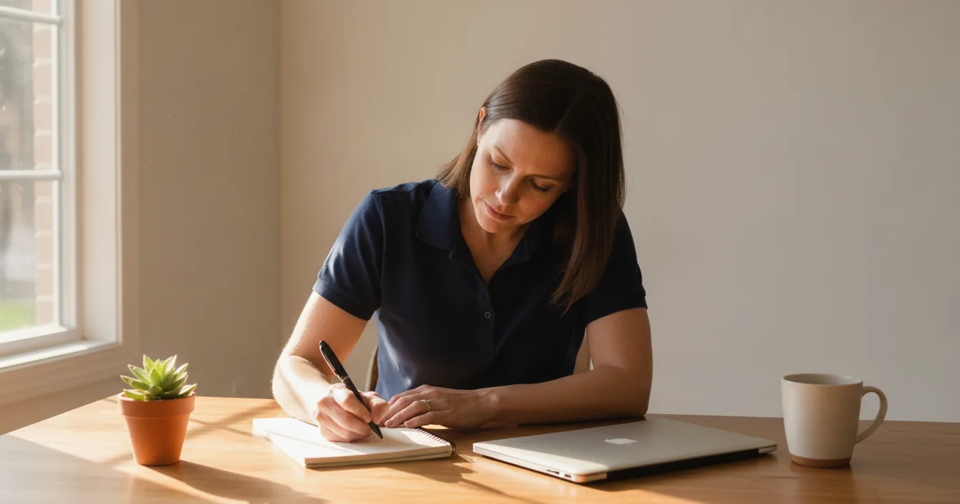 A mobile massage therapist sitting at a sunlit kitchen table writing in a notebook, planning the marketing for her independent practice.