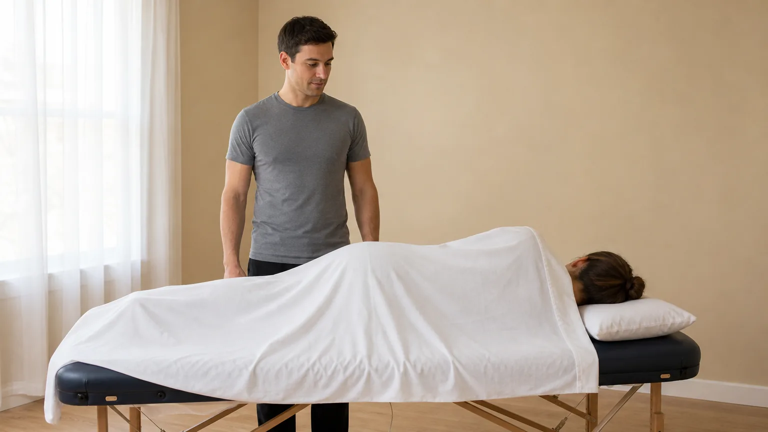 Therapist standing beside a draped client on a massage table