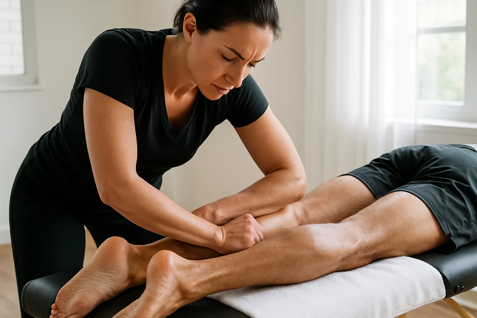 A massage therapist applying firm forearm pressure along the calf of an athletic client during a sports and deep tissue session on a portable table.
